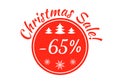 Christmas sale badge, tag or sticker. Xmas discount label. 65 percent price off. Promo banner and advertising design element. Royalty Free Stock Photo